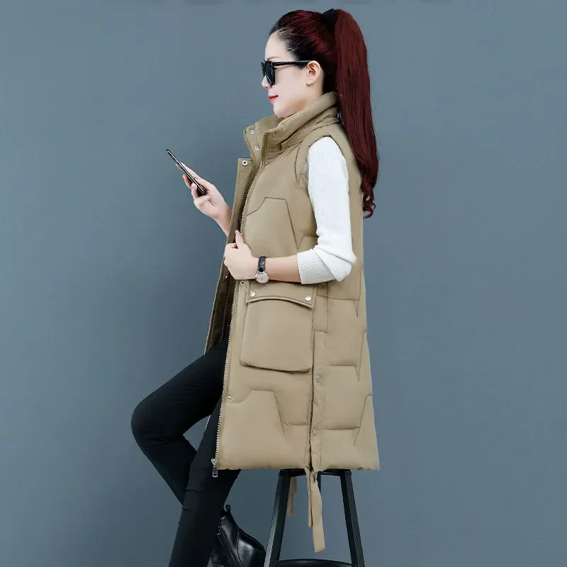 Chaleco de algodón de plumón para mujer, abrigo sin mangas de longitud media con capucha, chaqueta holgada coreana, informal, novedad de otoño e invierno, 2024