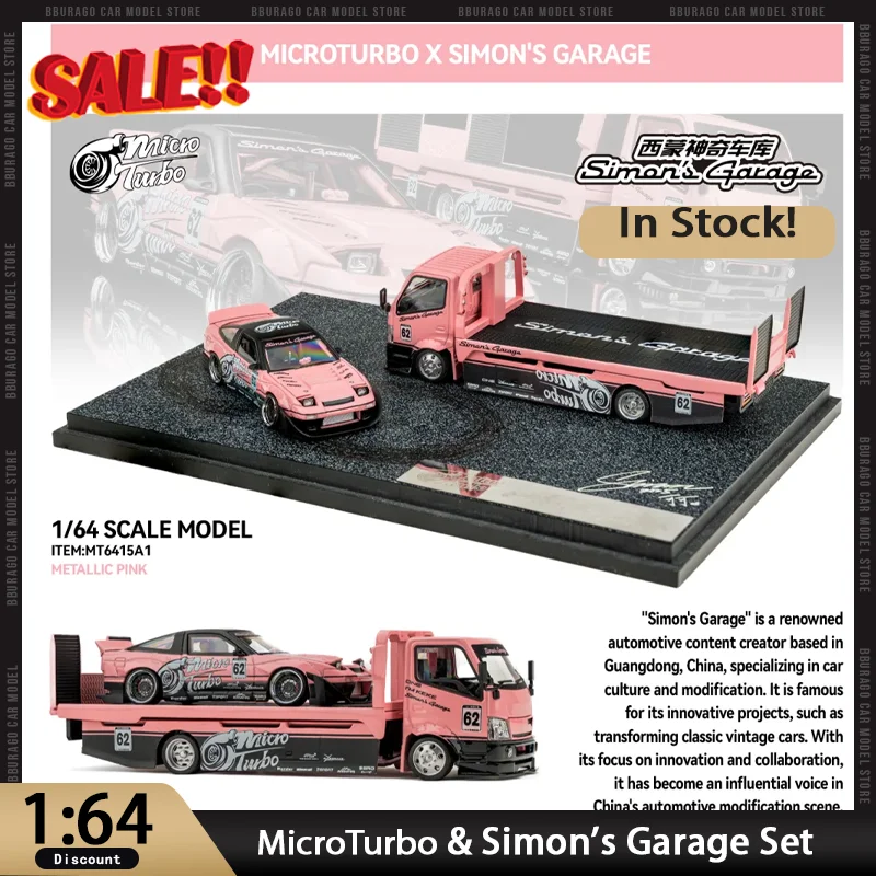 

New In Stock Microturbo & Simon'S Garage 1:64 Nissan 180sx Tow Truck Pink Metallic Alloy Miniature Diecast Ornaments Custom Toys