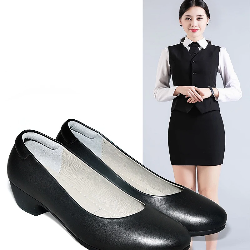 Flight Attendant Work Shoes Women\'s Comfortable Soft Soles Black Middle Heels Airline Stewardess Professional Real Leather Shoe