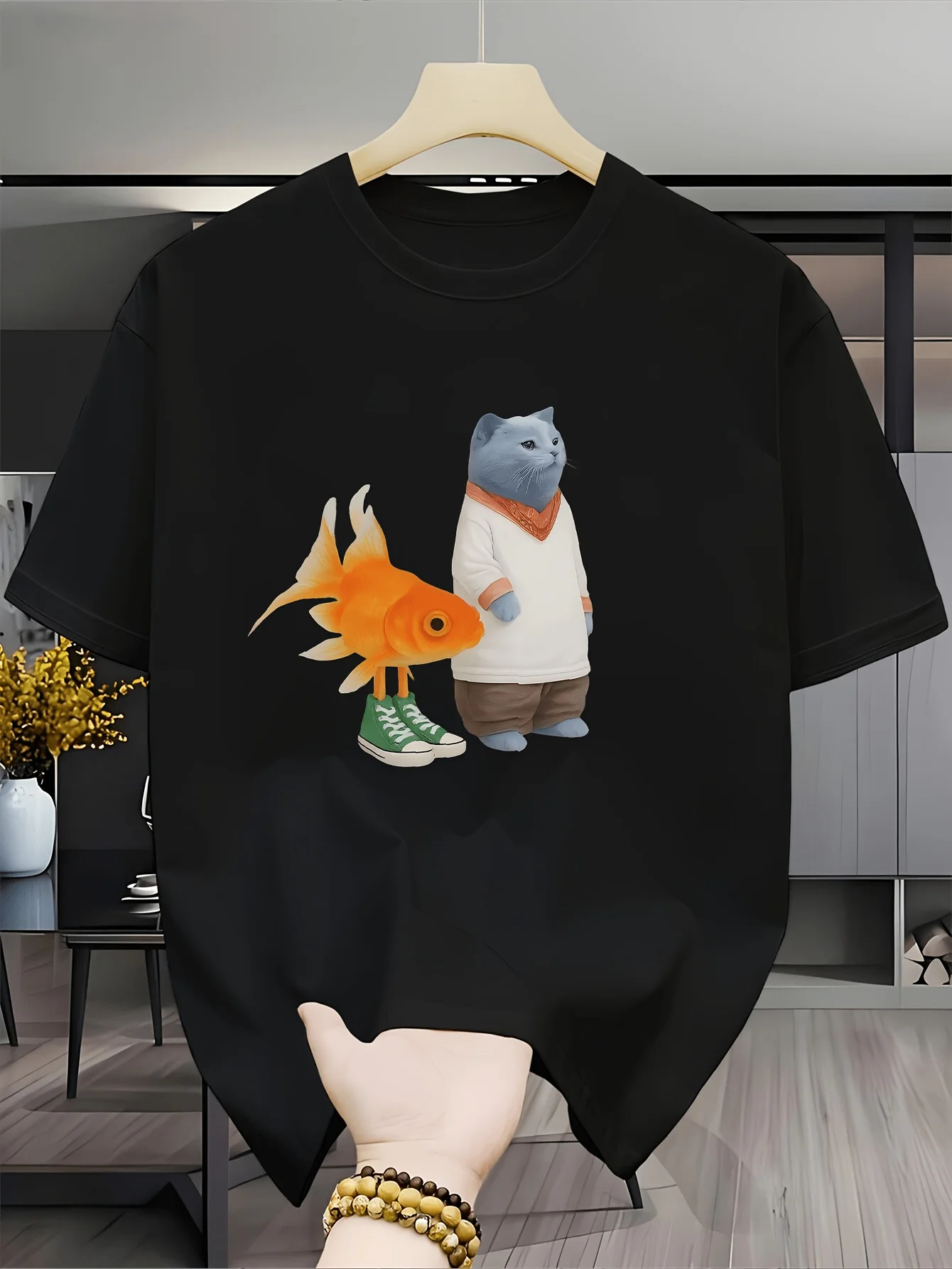 Funny Cat and Goldfish in Sneakers Graphic T Shirt Harajuku Style Aesthetic Cartoon Tee Unisex Loose Fit Casual Streetwear Top