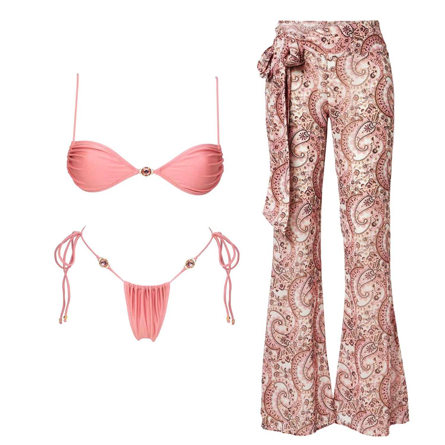 3-teiliger Diamant-Badeanzug mit Hose, sexy Damen-Bademode, Micro-Bikini, Push-up-Badeanzug, Bandeau-Bikini, Strandkleidung, Badeanzug