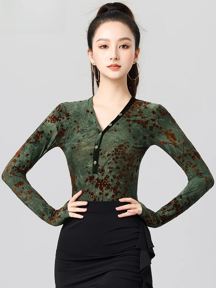 Modern Dance Velvet Jumpsuit Women's Sexy V-ne High-end Long Sve Practice Suit for Stand Dance Latin Dance