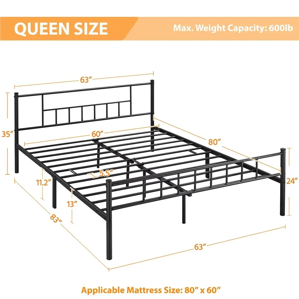 Metal Plataforma Cama com Eixo Cabeceira e Footboard, Rainha, Preto