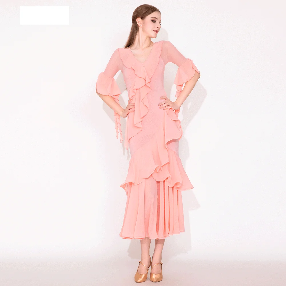 

Ballroom Practice Dress V-neck Ballroom Dance Competition Dress Goose Yellow Waltz Ruffled Female Performance Female Pink