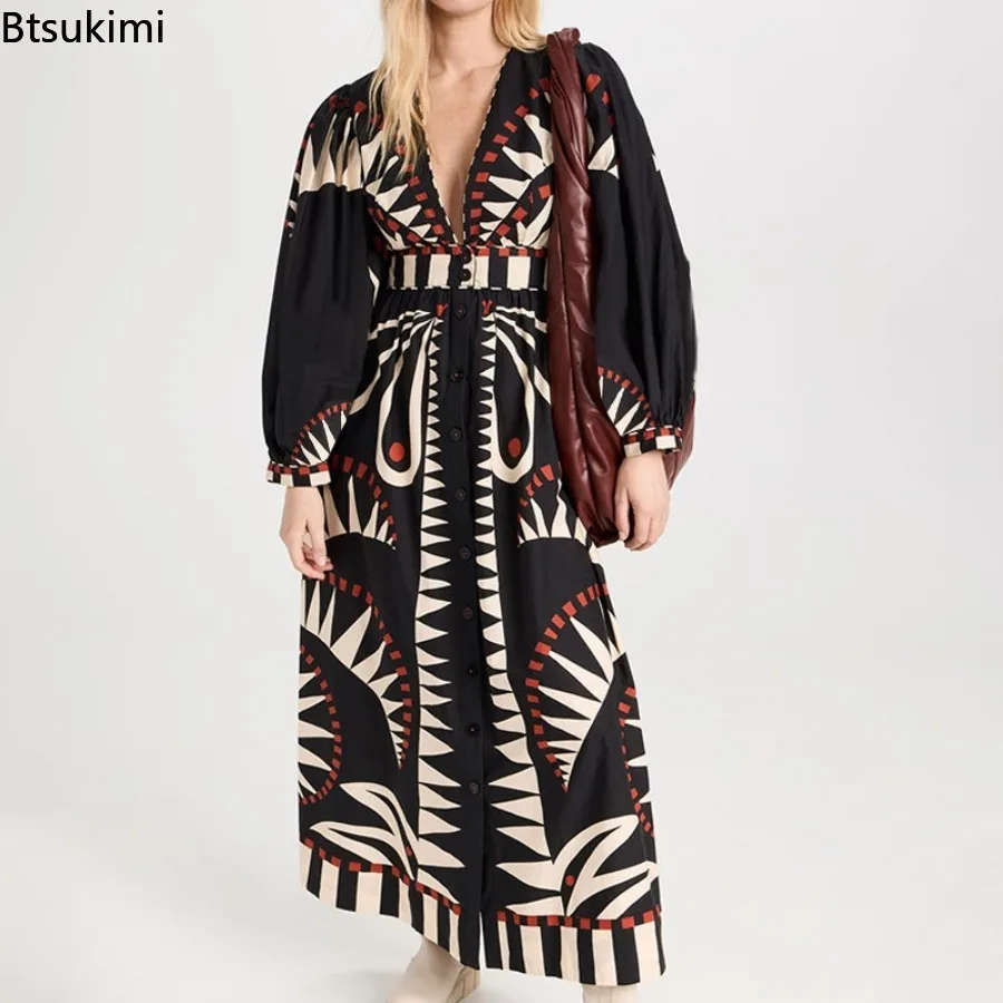 

2026 New Elegant Retro Maxi Dresses for Women Sexy V-neck Lantern Sleeve Fashion Single-breasted Printed High Waist A-line Dress