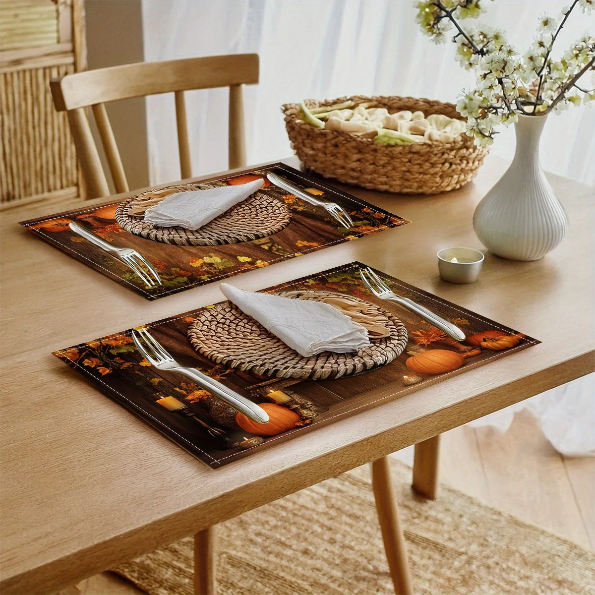 4 قطع من مفارش مشهد الخريف العتيقة - مفارش طاولة بوليستر واقعية ذات طابع سقوطي، 18 × 11.8 بوصة، دافئة