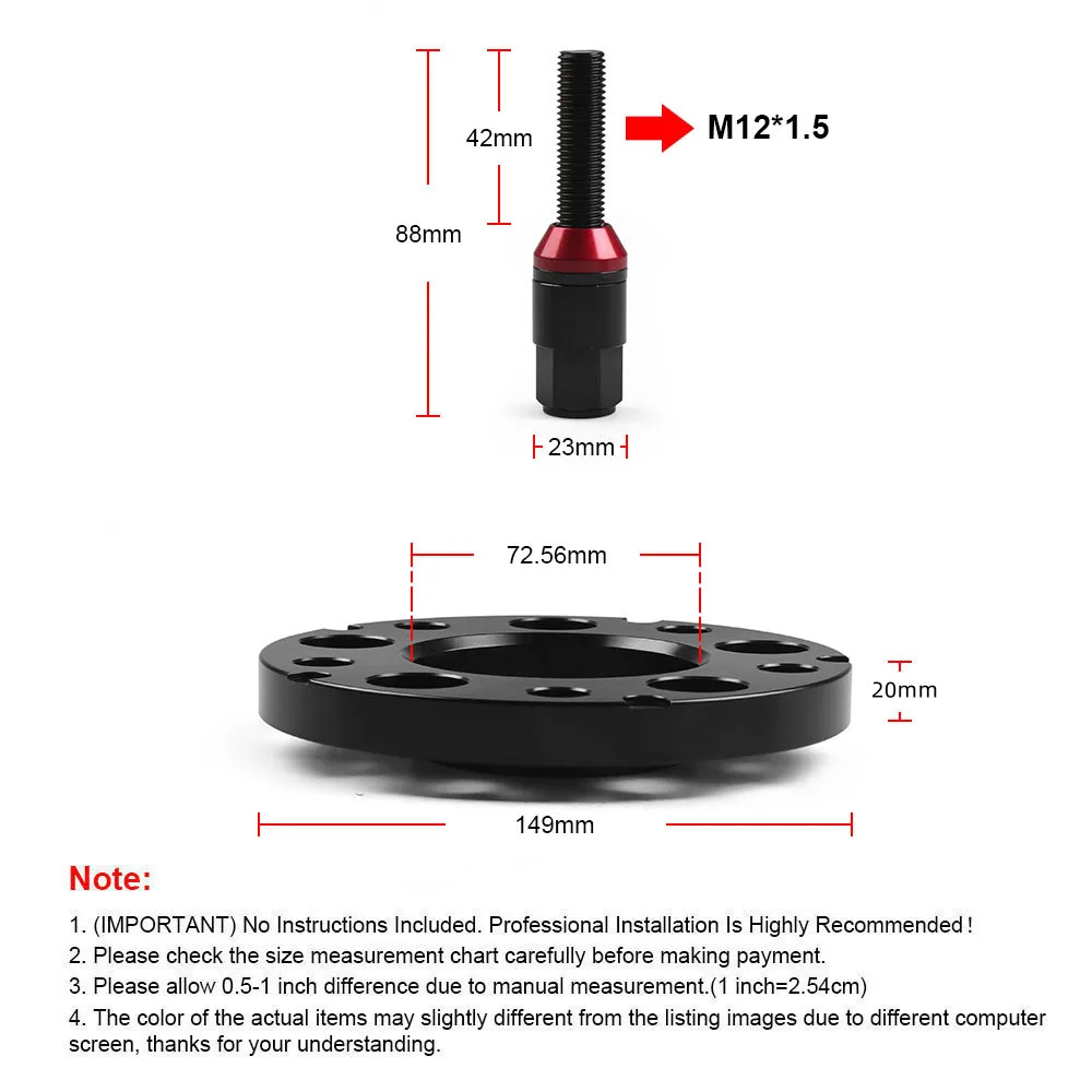 2PC 20mm 5x120mm Hubcentric Wheel Spacers 72.56mm Thread Pitch M12x1.5 with Lug Bolts For BMW E36 E82 E88