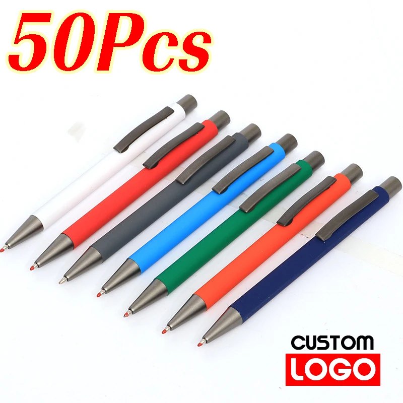 

50 шт., матовая металлическая рекламная ручка, индивидуальный логотип, студенческие канцелярские принадлежности, офисная шариковая ручка, персонализированная гравировка имени, подарочная ручка