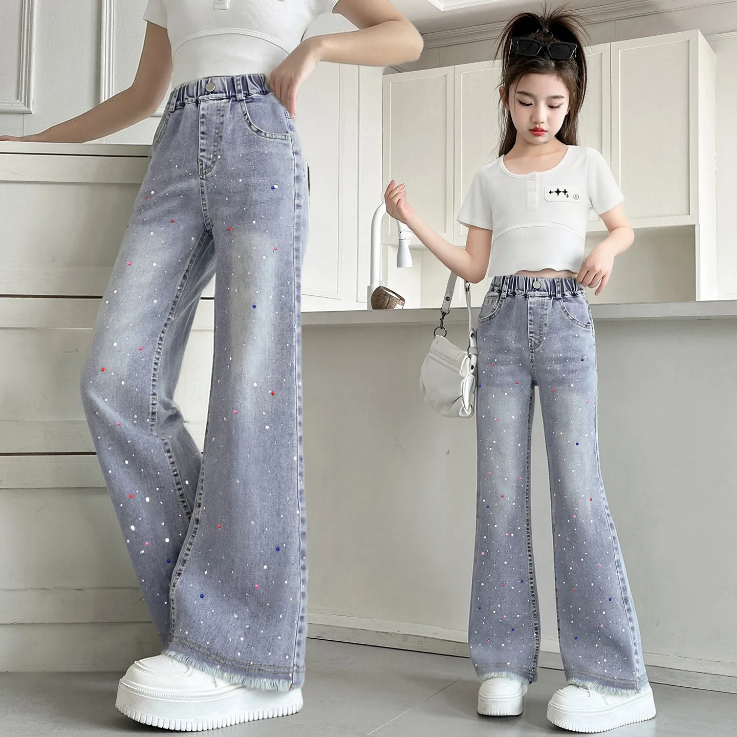 

Girls' Rhinestone Jeans, Loose Cuffed Frayed Hem Flared Jeans, 2026 Spring/Summer New Style, Slim Fit Bell-Bottom Pants