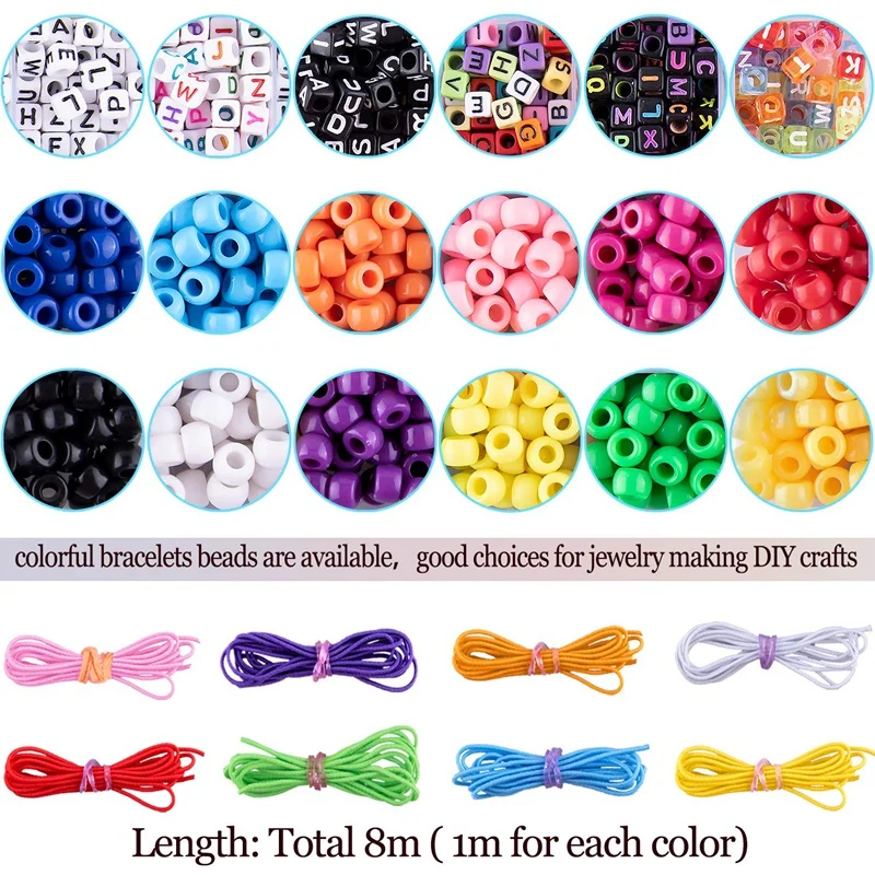 1000 Pieces Bracelet Making Beads ABC Beads Pony Beads Letter Alphabet Beads With 8 Rolls Colorful Elastic Bracelet String For J