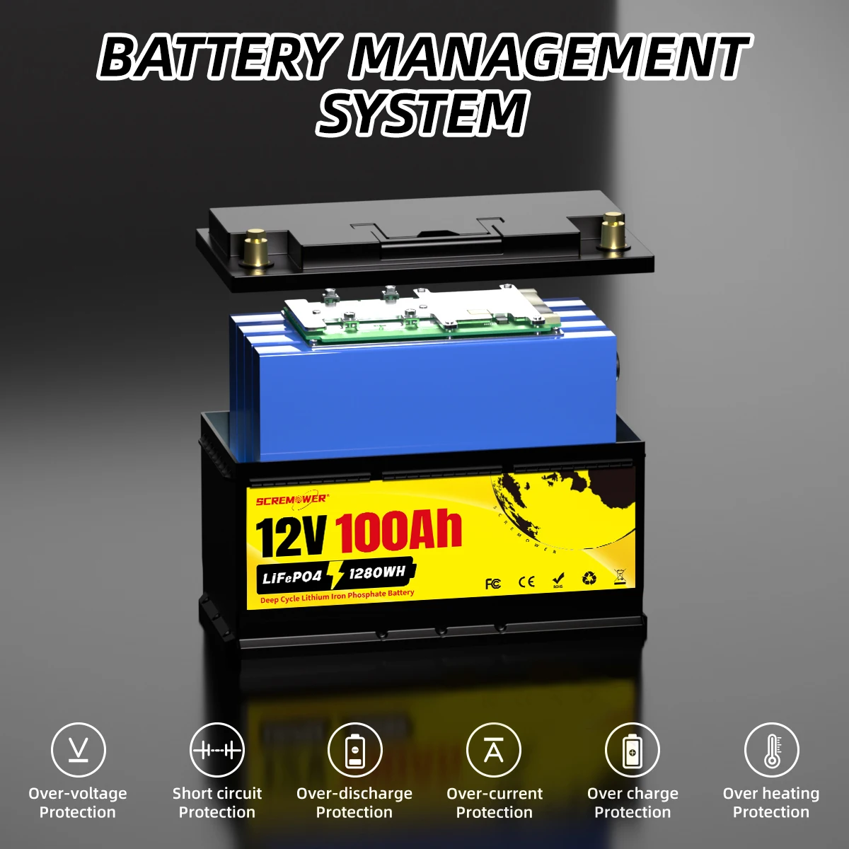 LiFePO4 Battery 12V 100Ah Rechargeable Batteries Built in BMS 1280Wh 12.8V Lithium Iron Phosphate Bateria for Campers RV Solar