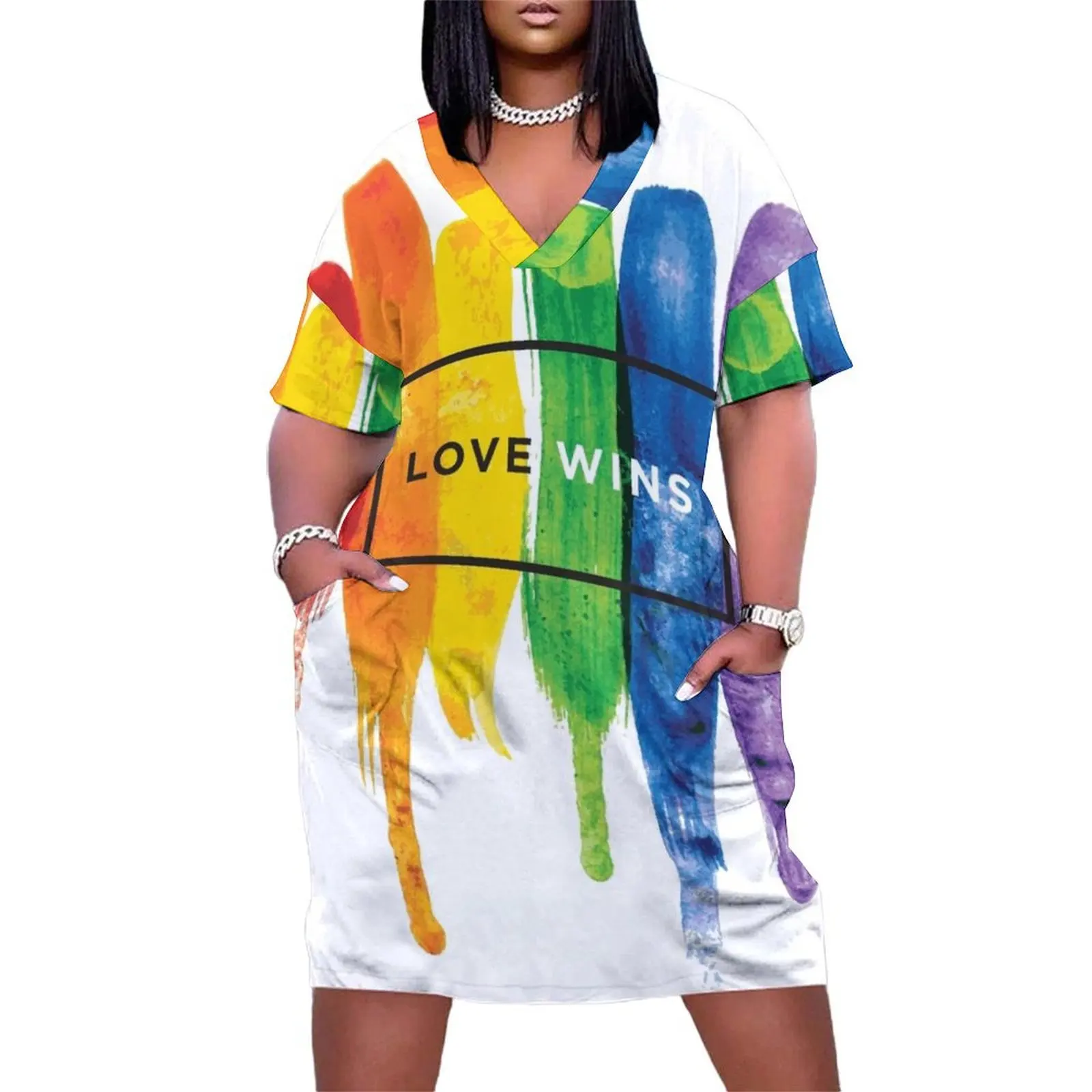 Watercolor LGBT Love Wins Rainbow Paint Typographic Loose Pocket Dress Bridesmaid dress woman summer woman dress 2024