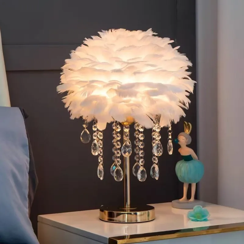 Crystal Bedroom Desk Lamp with A Luxurious and High-end Feel, Feather Bed Headlight, Wedding Decoration, Atmosphere Light