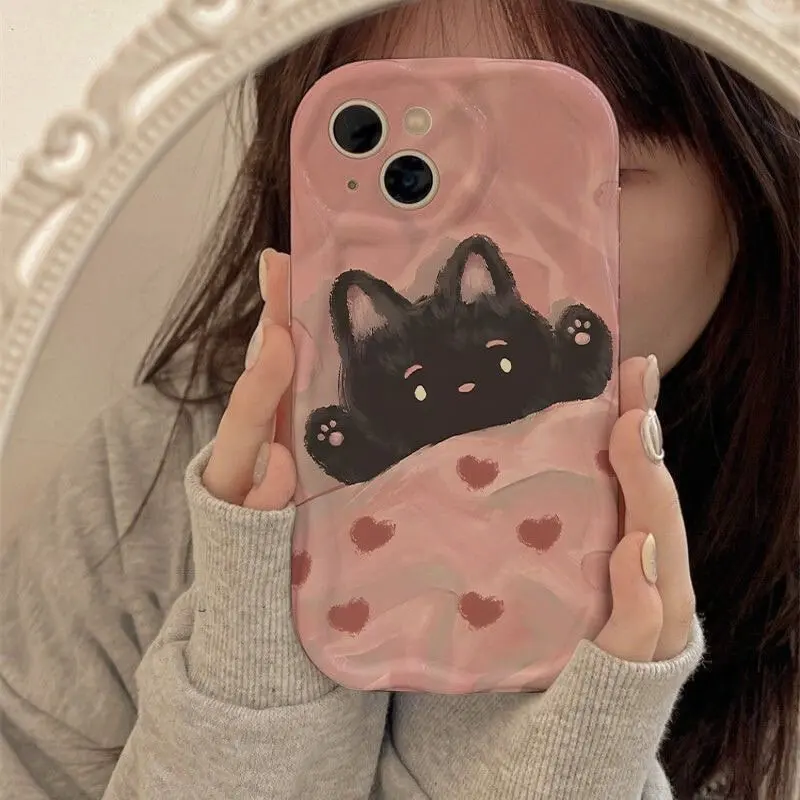 Cute Black Cat Phone Case for OPPO A17 A18 A16 A15 A38 A53 A9 A5 2020 A60 A55 A54 A57 A77 A96 A52 A92 A94 Cream Wavy Edge Cover