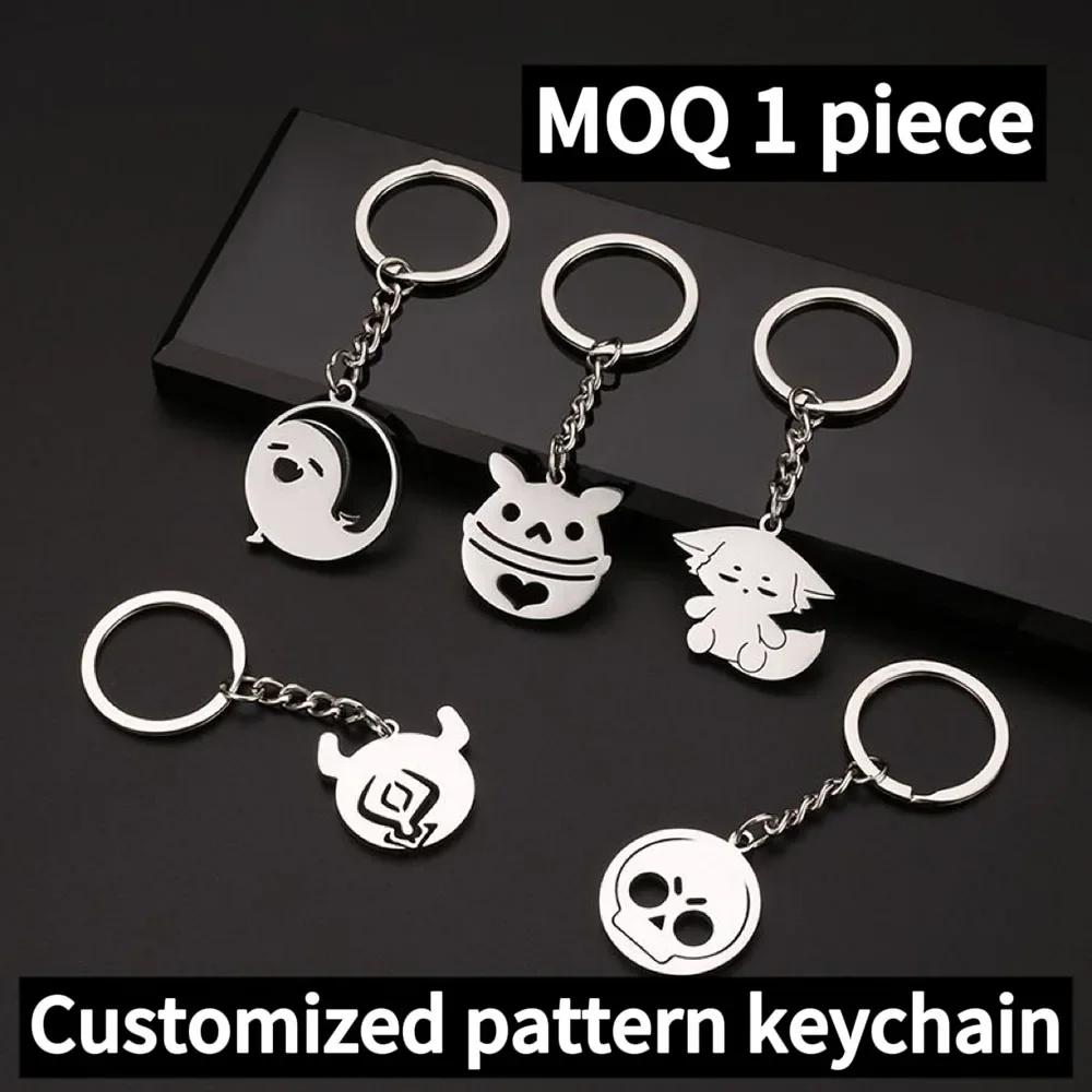 Custom company logo keychains, custom pattern keychains, wholesale keychain discounts, stainless steel keychains, 18k gold