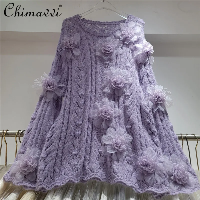 

Sweet 3D Flower Purple Sweater for Women 2025 Autumn New Korean Fashion Loose Long Sleeve Elegant Round Neck Knitted Top