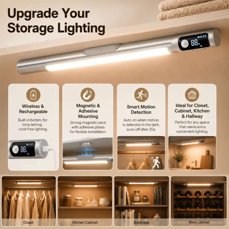 

Cabinet Wardrobe Self-Adhesive Light Strip Intelligent Human Body1.2Ah/2Ah Wine Sensing Light Strip Magnetic Charging LED Light