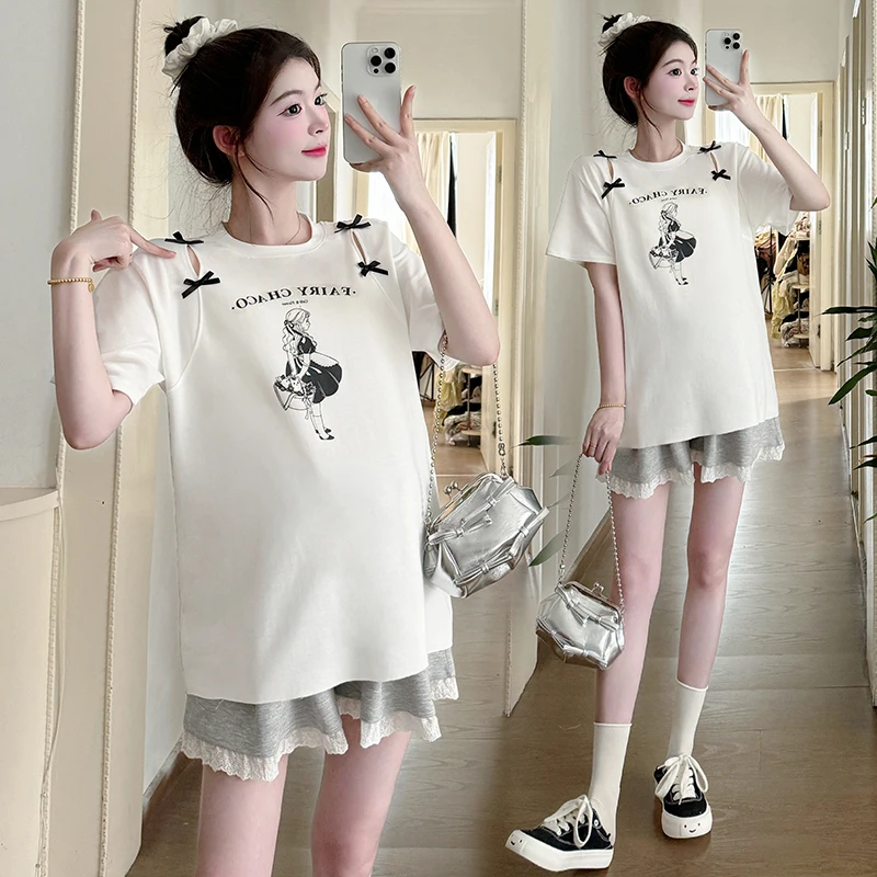 

Summer Maternity T-shirt Short Sleeve O-Neck Hollow Out Bowknot Fashion Printing Pregnant Woman Cotton Tops Pregnancy White Tees