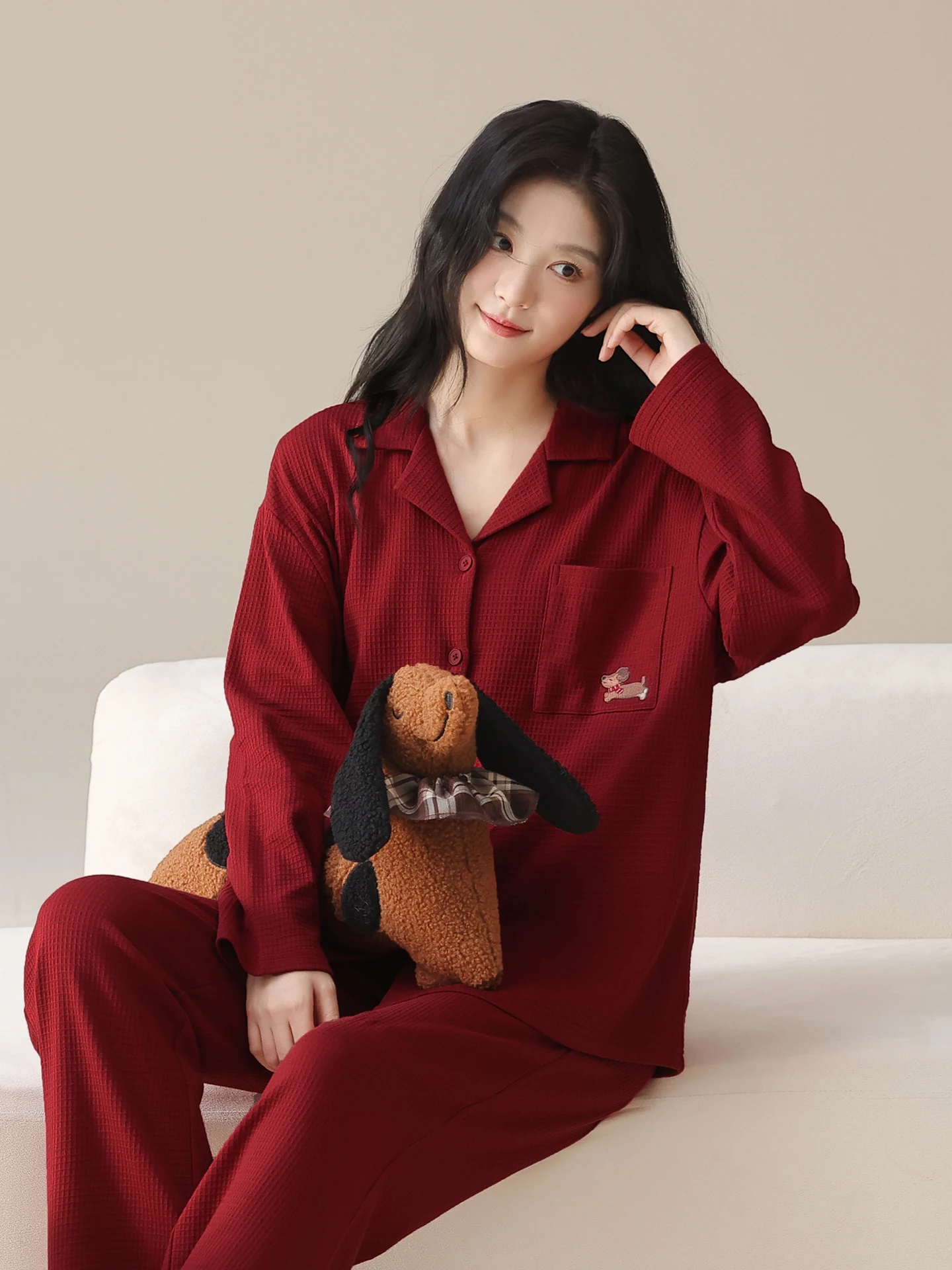 

Комплект для сна Chunqiujing: Красная пижама из чистого хлопка с длинными рукавами для женщин, осенне-зимняя домашняя одежда, коллекция Dream Source, весенне-осенний стиль