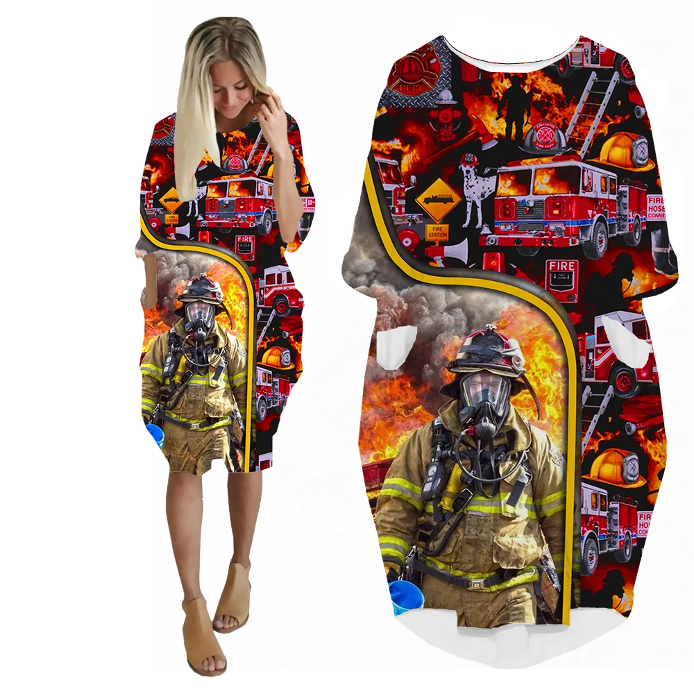 SONSPEE Firefighter Fireman 3D Print Women's Dress Cool Amazing Designs Long Sleeve Pocket Skirt Loose Streetwear Skirt Suits