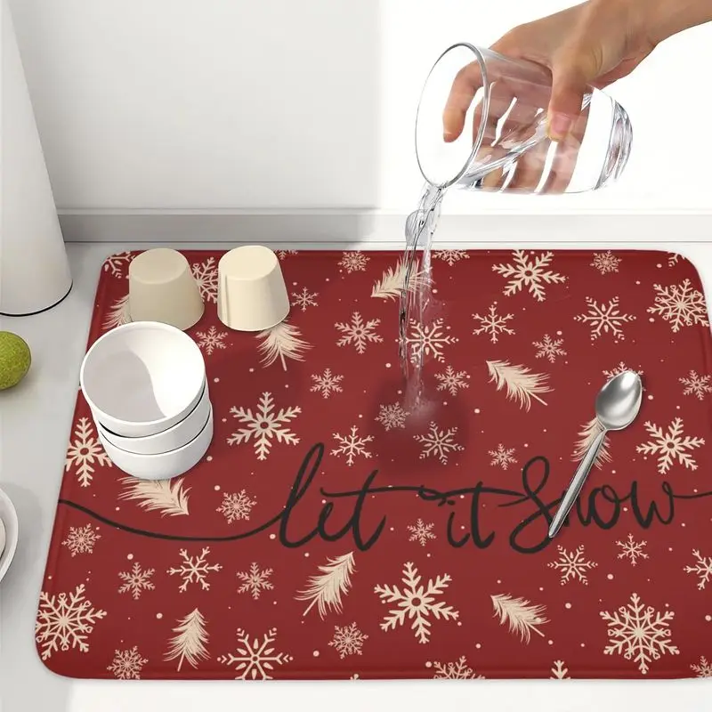 VIKAMA Red Christmas Snowflake Dish Drying Mat Quick Dry Non‑Slip Draining Pad Kitchen Sink Counter Home Decor