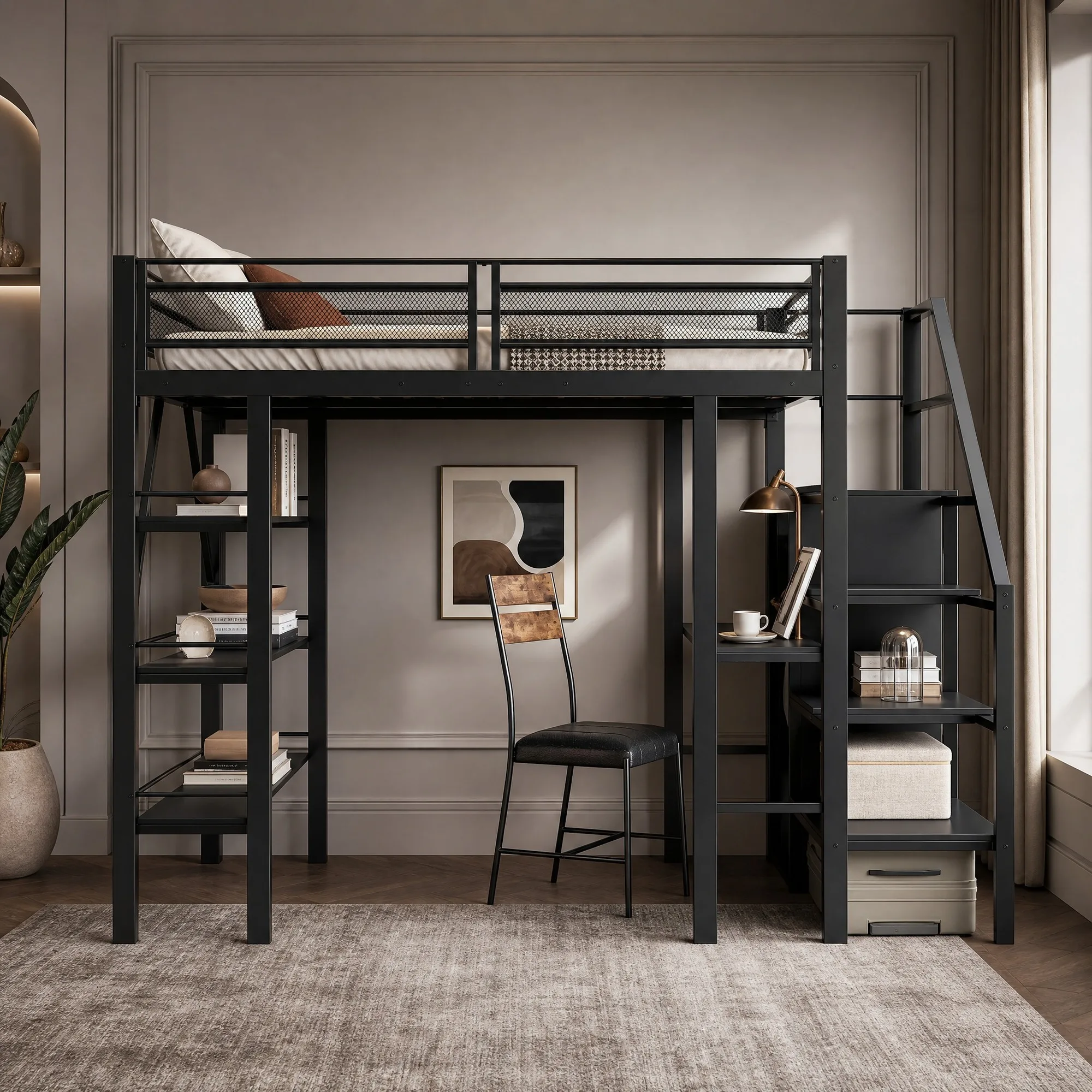 Cama alta de metal negra de 140x200 cm con escritorio, armario, escalera de seguridad y tres estantes de almacenamiento.