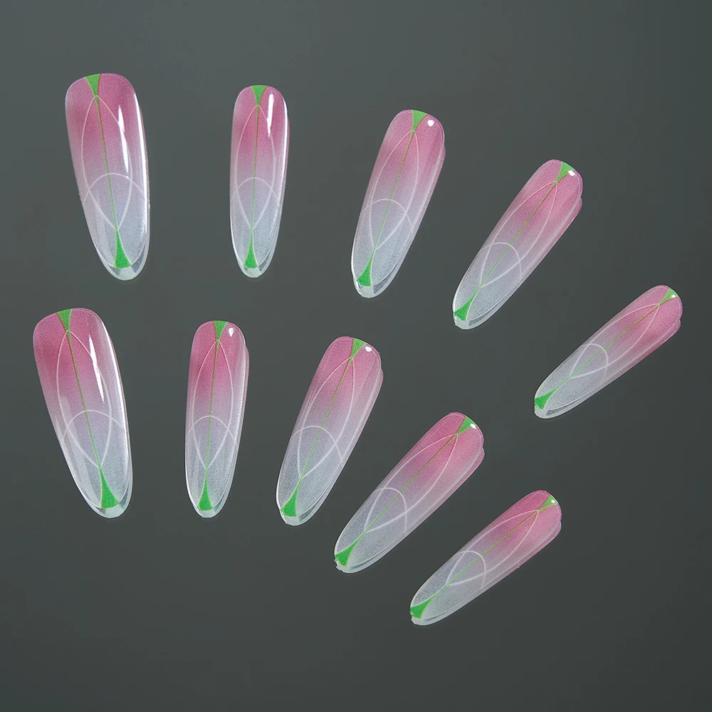 10Pcs/set Pink Gradient Symmetrical Design Glossy Acrylic Nails Long Press on Fake Nails with Glue Stick on Nails False Art Tips