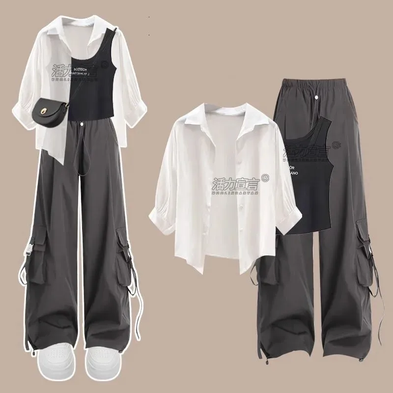 

Новый модный спортивный костюм для девочек на весну-лето 2026: элегантный корейский комплект из 3 предметов (защитная рубашка от солнца + топ на бретелях + повседневные брюки карго)