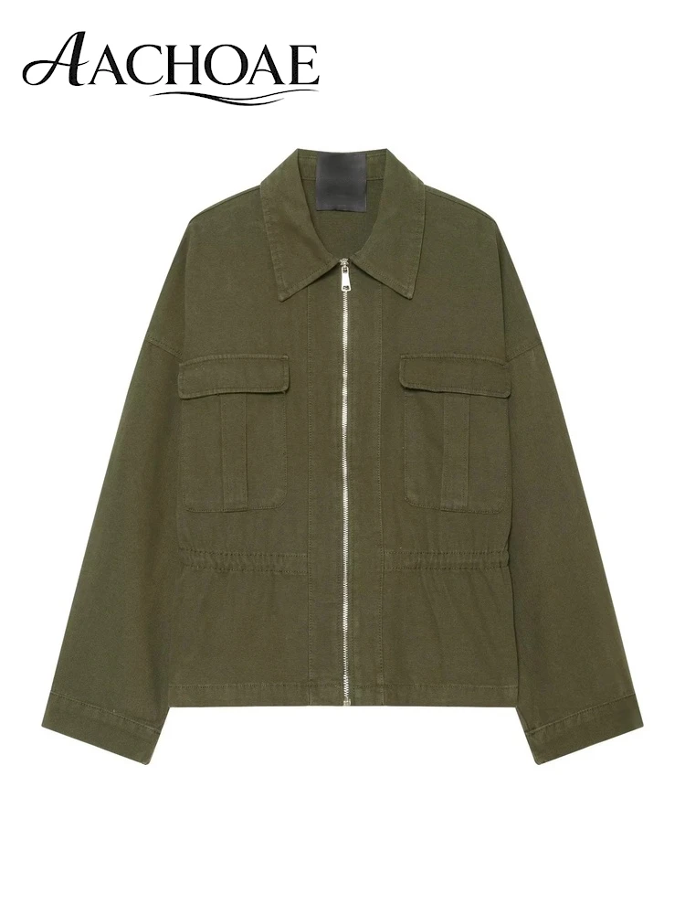 AACHOAE Women Utility Jacket Cinched Waist Zip Up Cargo Coat Turn Down Collar Flap Pocket Loose Long Sleeve Casual Outerwear