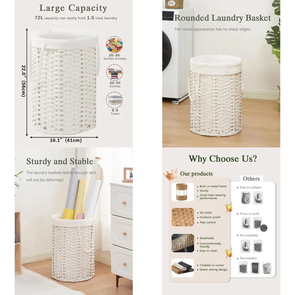 

Большая круглая плетеная корзина для белья со съемным мешком, 19,0 галлонов, 2 сетчатых мешка для домашнего хранения, белая