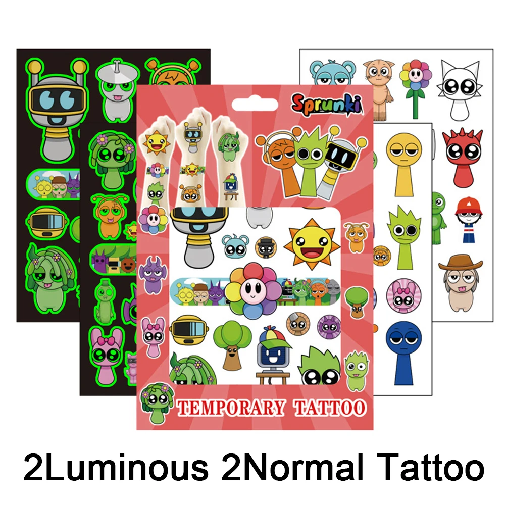 

4pcs/set Funny Game Sprunki Cartoon Tattoo Stickers Waterproof Temporary Luminous Tattoos Decal Kids Birthday Party Decoration