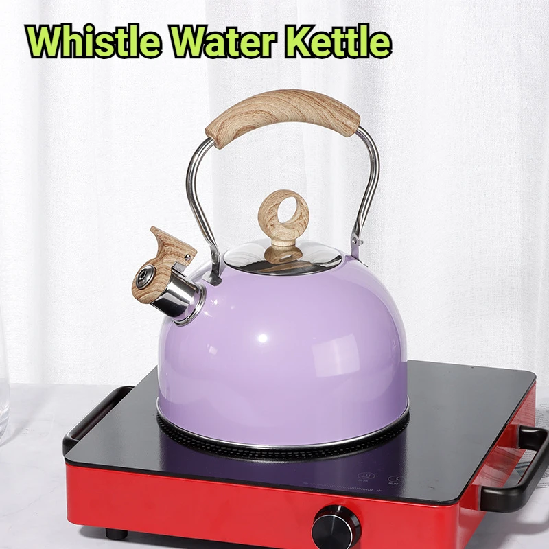 Stainless Steel Whistle Water Kettles with Handle Hard Heat Insulation 2.5 Liters Flat Bottom Purple Kettle Outdoor Cookware