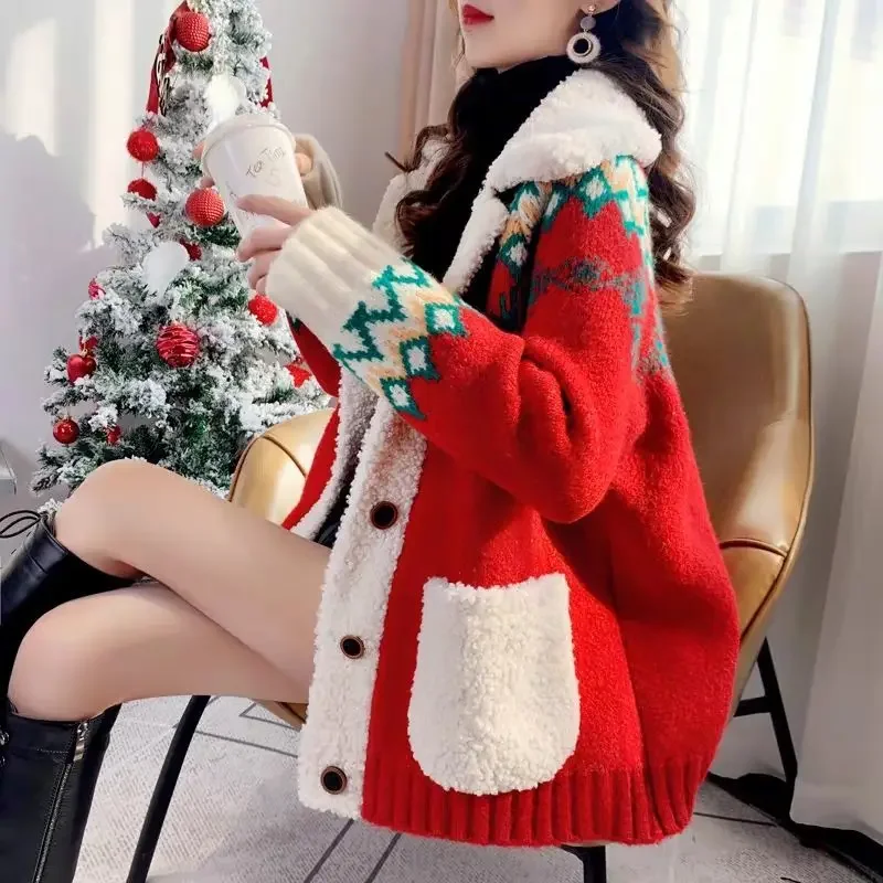 

Woman Sweaters Christmas Red Sweater Cardigan Women Thickened Autumn Winter 2024 Loose Knitted Coat Femme Chandails Pull Hiver