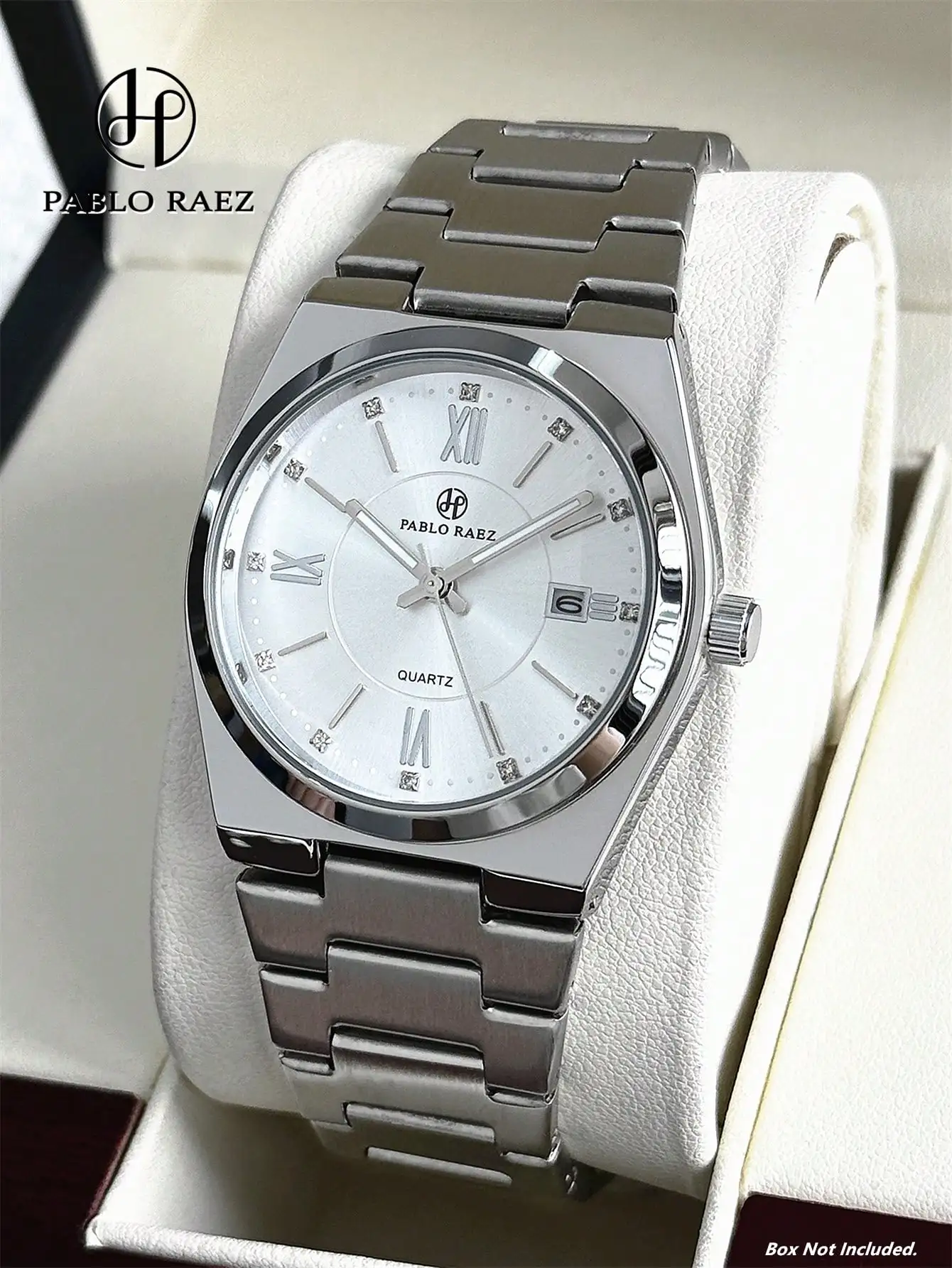 PABLO RAEZ Original Charm Men's Business Watch, Vintage New Luxury Watch, Summer Beach Accessory, Stainless Steel Bracelet, IPS Silver Anti-Rust Watch Case, Black And White Color Scheme, Luminous Hands, 50m Water Resistant, Minimalist Date And Day Display