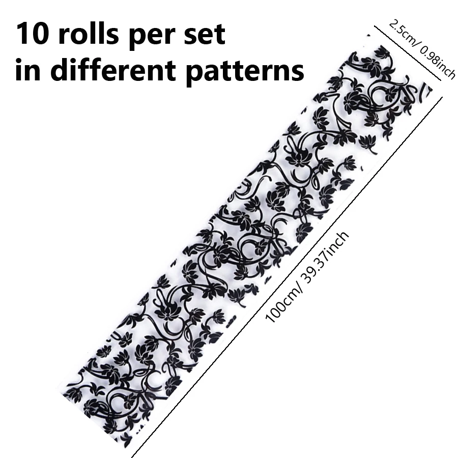 10 Rollen/Box 250cm Transfer-Nagelsticker, gemischte Blumen, Spitze, Sternenhimmel-Folienpapier für DIY-Maniküre-Aufkleber, 10 Stück, 25cm x 100cm – Detail 6