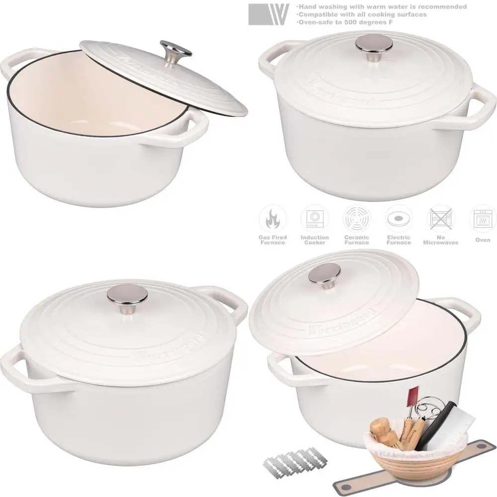 

Round Enamel Cast Iron Dutch Oven Pot with Lid for Bread Baking, 4.5 QT, White, Sourdough Bread Baking Supplies Set