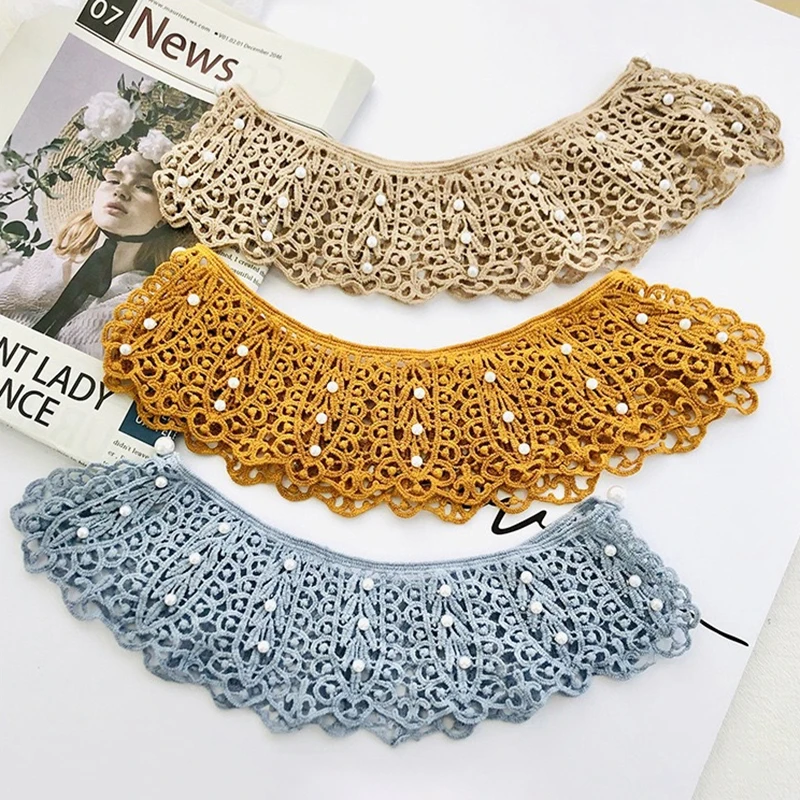 Colar falso com babados para mulheres, colarinho de boneca destacável, xale de renda floral oco, camisa doce