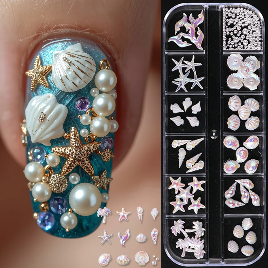 12Grids 3D Aurora Purple Summer Beach Nail Decorations Mixed Coconut Tree, Shell, Starfish, Mermaid, Fish Tail, Conch for DIY