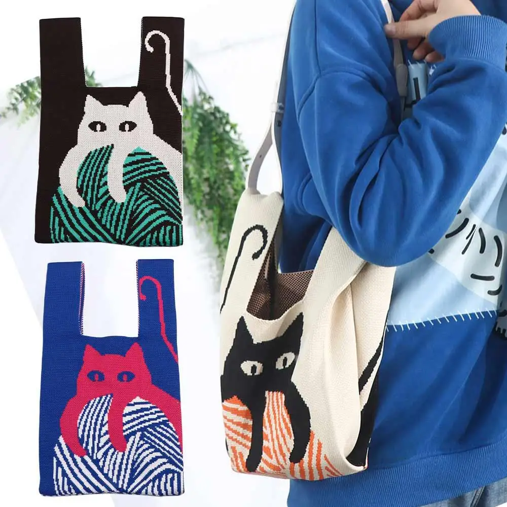 

Casual Travel Cat Ethnic Style Cartoon Weave Shopping Bag Large Capacity Women Handbag Wrist Bag Knitted Bag Shoulder Bag