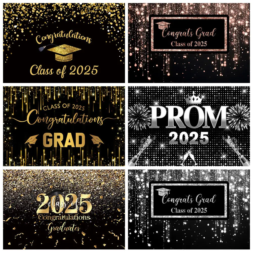 

2025 Graduation Party Theme Background For Photography Gold Black Glitter Grad Portrait Poster Decor Backdrop Photo Studio Props