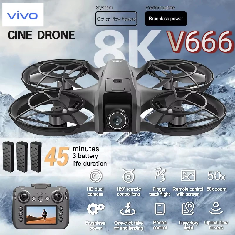 VIVO V666 Mini RC Aerial Drone 8K HD Camera Foldable Intelligent Obstacle Avoidance Screen Remote Control Brushless Motor UAV
