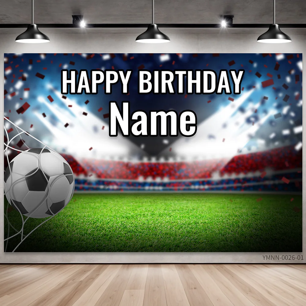 

Custom Name Soccer Photo Backdrop Banner – Football Stadium Birthday Background Party Decoration