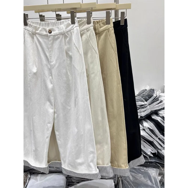 สไตล์เกาหลีลายเปิดขึ้นกุ๊นกางเกงขากว้างหลวมตรงกางเกงลําลองครอป