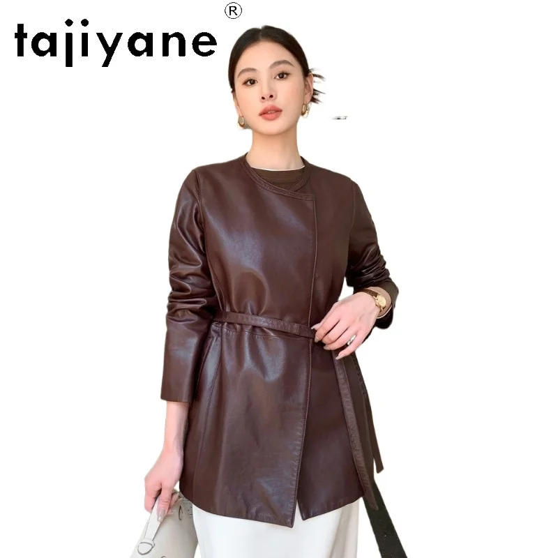 TAJIYANE Oil-Waxed Sheepskin Suit Trench Coat Women Vintage Mid‑Length O‑Neck Coat 2026 New Genuine Leather Jacket Woman Clothes