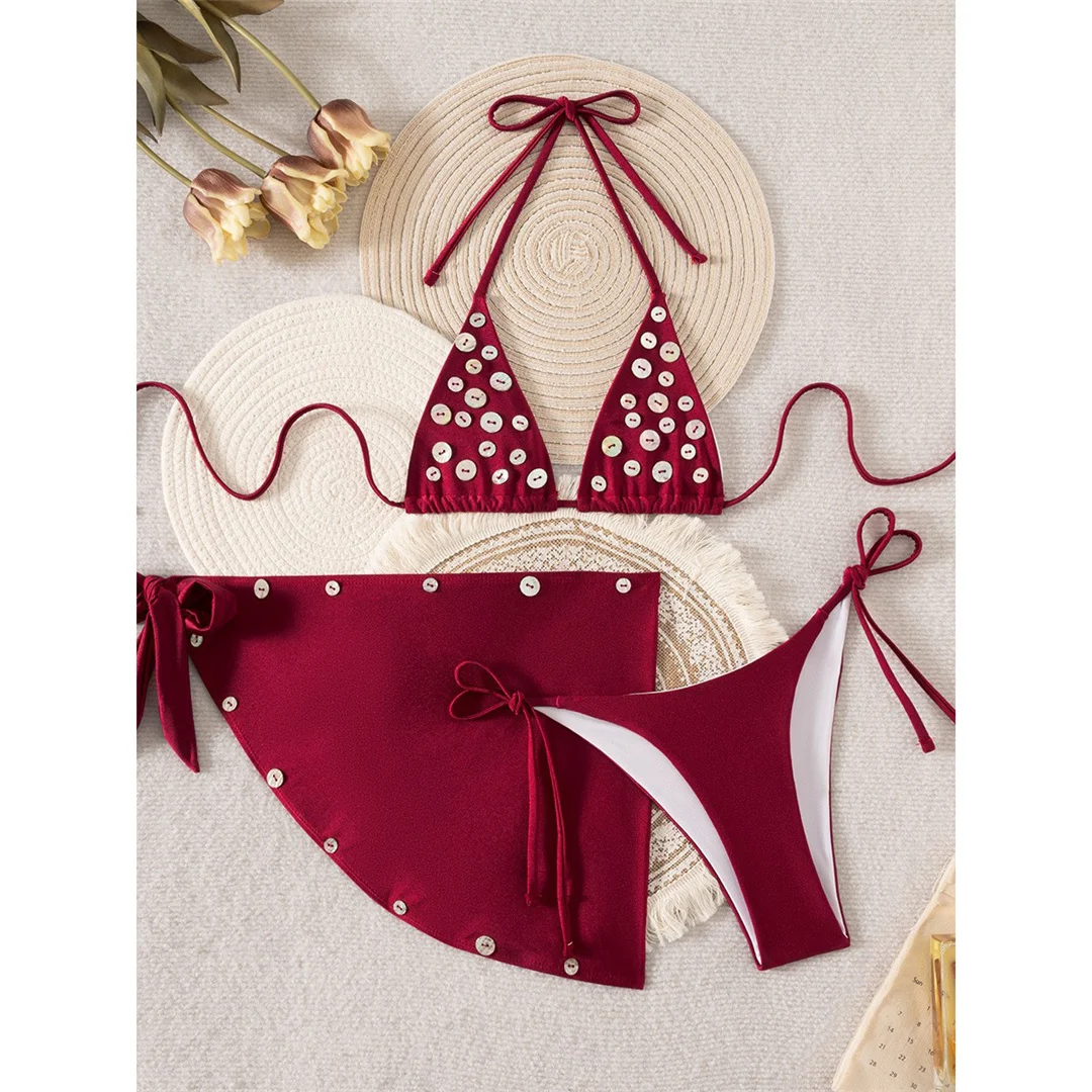 Mit Sarong-Knöpfen, Neckholder-Bikini, Damen-Badeanzug, dreiteiliges Bikini-Set, gepolsterter Badeanzug, Badebekleidung, Badeanzug V8307 – Detail 6