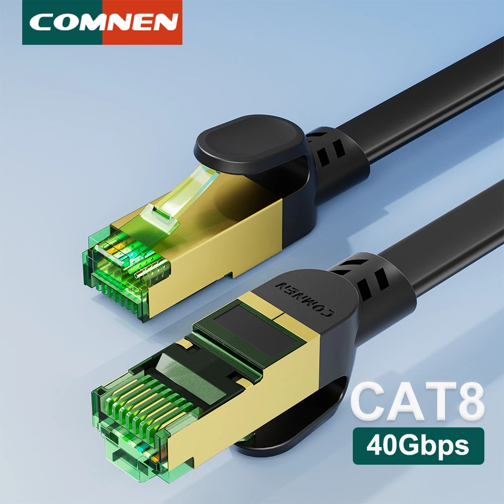 COMNEN New Cat8 Flat 40Gbps Ethernet Cable 2000MHz High Speed Internet Double Shield Networking for PS5 PC Router Players Gamer