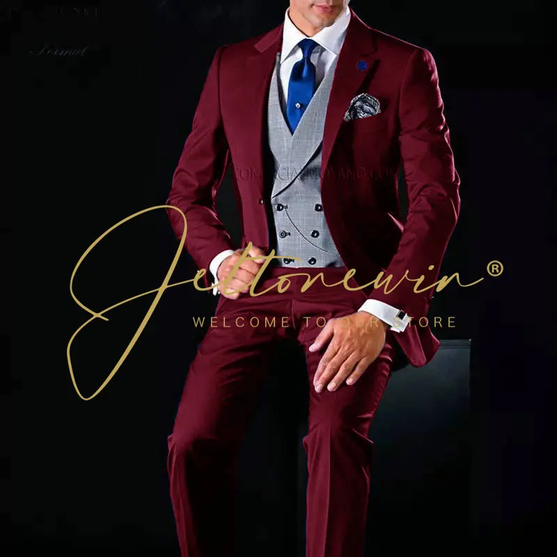 

2023 Formal Burgundy Men Suit 3 Pieces Tuxedo Groomsmen Wedding Suits Fashion Men Business Party Blazer Set Jacket+Pants+Vest