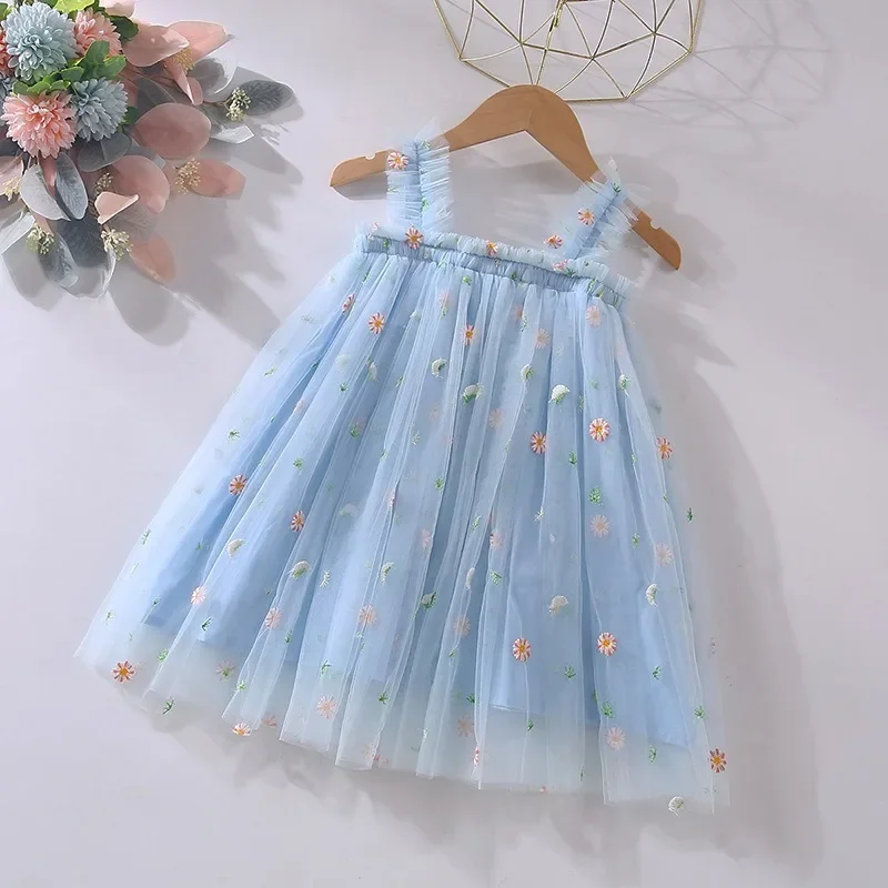 Girl Clothes Baby Girl Tutu Dress Birthday Strap Dress Kid Party Wholesale Summer Embroidery Flower Princess Mesh Tulle Dresses