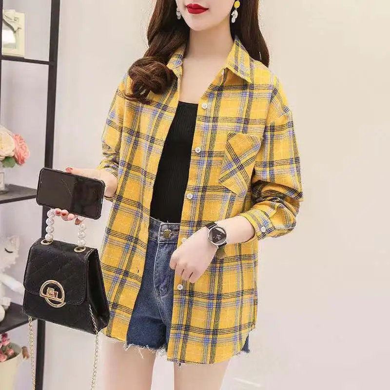 Stylish Spliced Pockets Asymmetrical Lattice Shirt Women\'s Clothing 2022 Autumn New Oversized Casual Tops Loose Korean Blouse