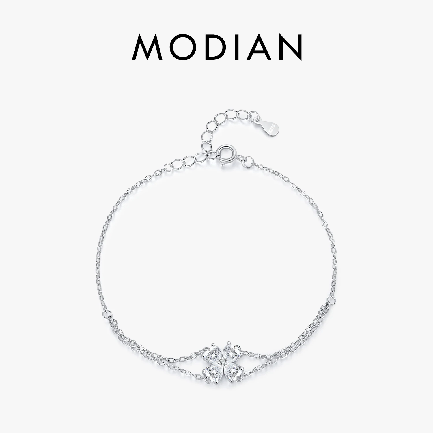 

MODIAN 925 Sterling Silver Double Layer Flowers Hearts CZ Romantic Bracelet Luxury Adjustable Chain Link for Women Jewelry